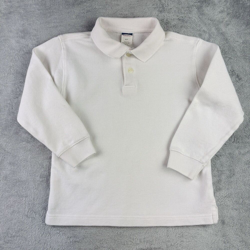 Vintage Y2K Old Navy Polo Shirt Boys Sz 6 White Long Sleeve 100% Cotton Classic